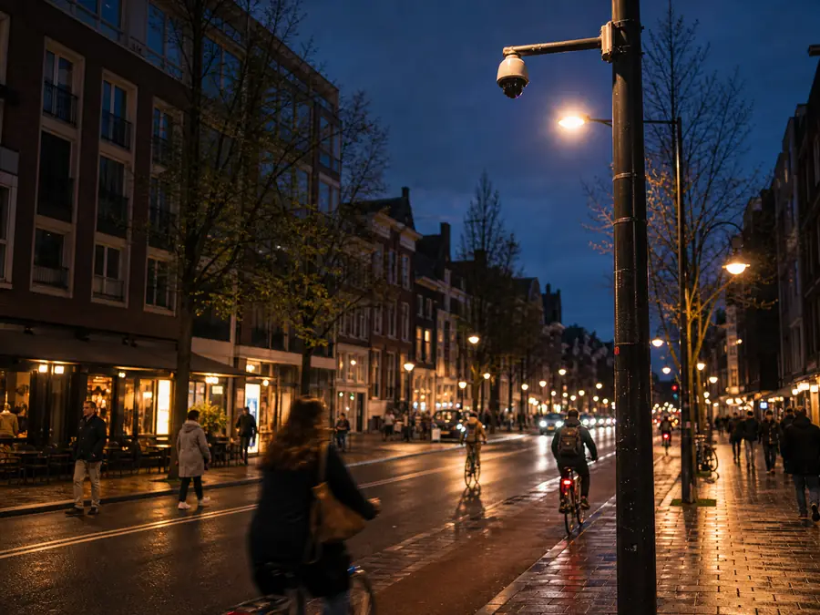 Straat met verlichting en een publieke camera hoog aan een paal