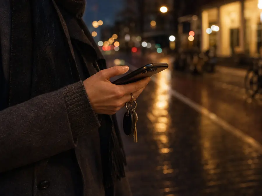 Telefoon en sleutels in een hand op een avondstraat